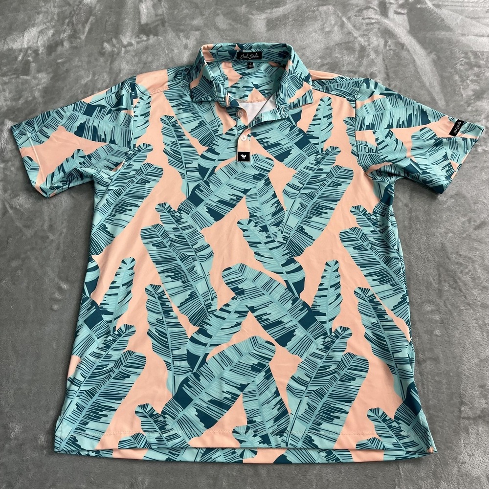 Bad Birdie Polo Shirt Mens Large Blue Tropical Leaf Print Golf Performance Prep